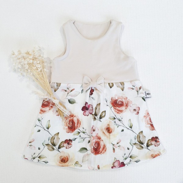 Jersey Creme - Musselin Weiss Blumen - leichtes Sommer Kleid mit Schleife