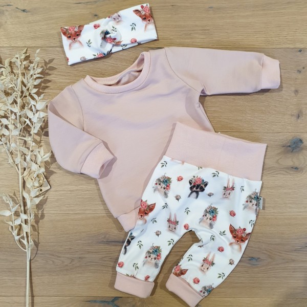 Rose (Rose) - Sweater mit Waldtiere Weiss-Rose Jogger & Stirnband