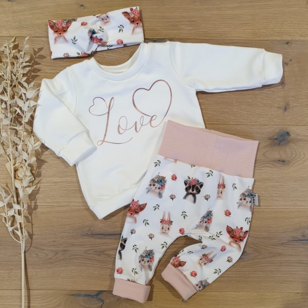 Cremeweiss - Love (Rosegold) - Sweater mit Waldtiere Weiss (Rose) Jogger & Stirnband