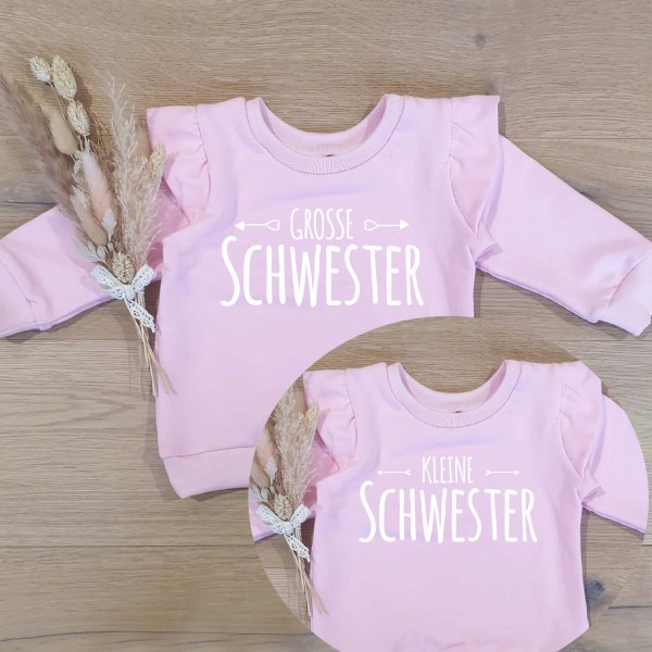 Hellrosa - Große oder kleine Schwester mit Pfeile (weiss) - Sweater wahlweise mit Rüschen