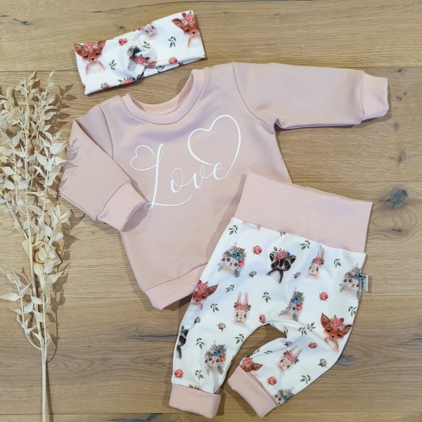 Rose (Rose) - Love (Weiss) - Sweater mit Waldtiere Weiss (Rose) Jogger & Stirnband