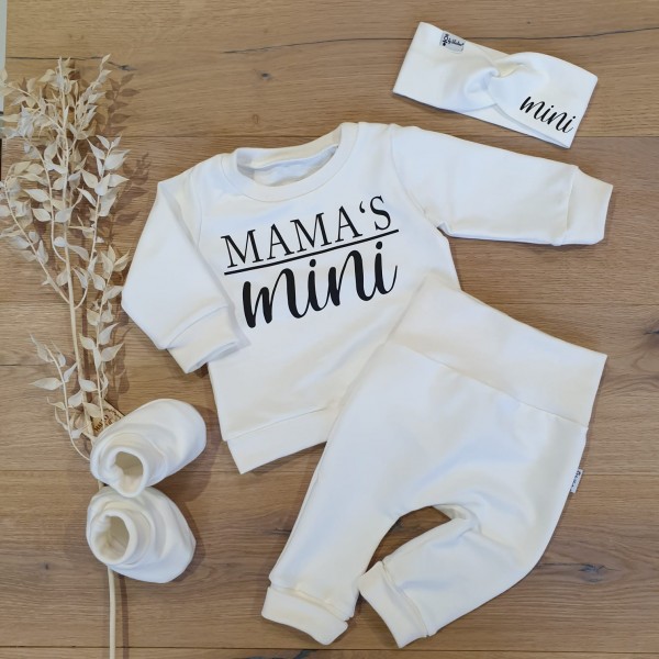 SET - Cremeweiss - Mama's Mini (schwarz) - Sweater, Jogging Pants, Booties & Stirnband (Mini