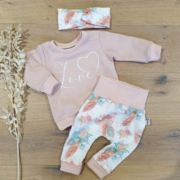 Rose (Rose) - Love (Weiss) - Sweater mit Blumen&Federn (Rose) Jogger & Stirnband