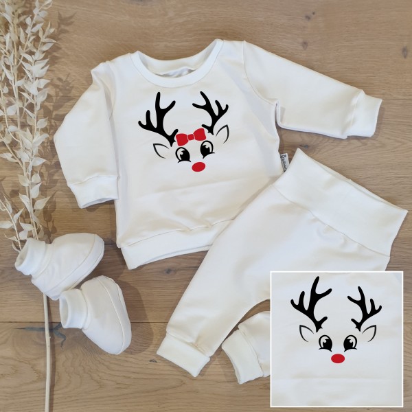 Cremeweiss (weiss) - Red Nose Deer (Schwarz-Rot) - Sweater, Jogging Pants und Booties