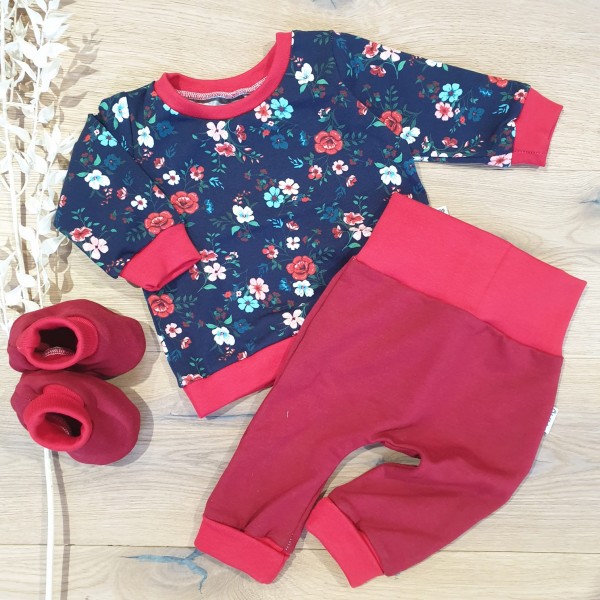 Navy Rot Blumen (Rot) - Sweater mit Jogger (Rot) & Booties (Rot)