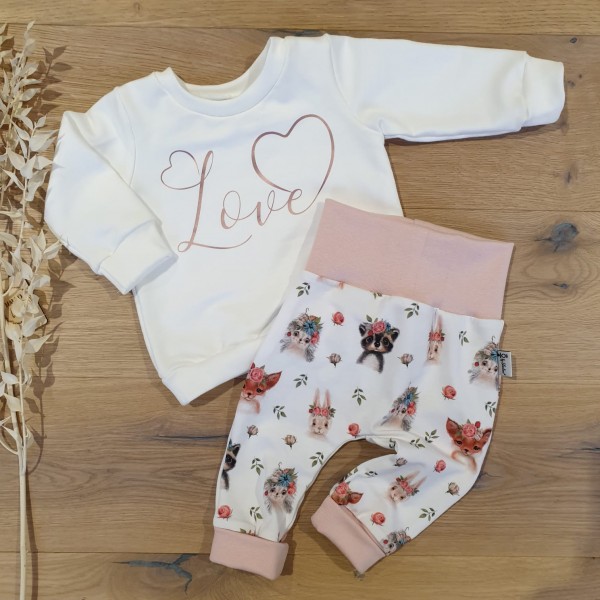 Cremeweiss - Love (Rosegold) - Sweater und Jogger (Waldtiere Weiss-Rose)