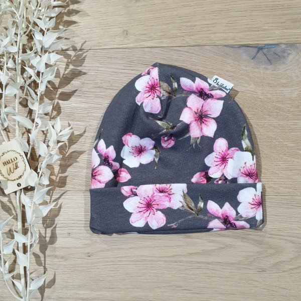 Grau Pink Blüten - Beanie Mütze